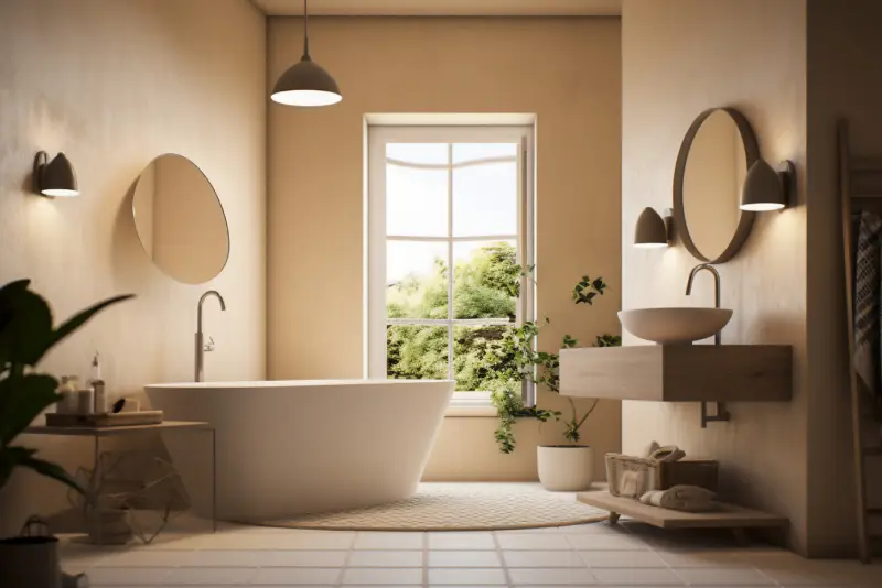 Anthony’s Handyman & Construction Kitchen & Bathrooms Bathroom interior with beige walls, tiled floor, white bathtub and round mirror. 3d rendering