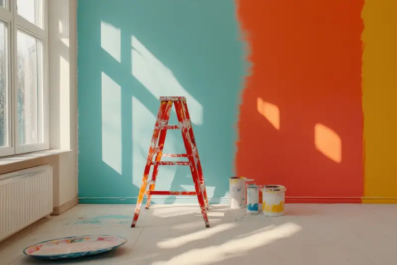 Anthony’s Handyman & Construction Remodeling A ladder stands in the corner of a vibrant room where walls are being painted in blue and orange hues.