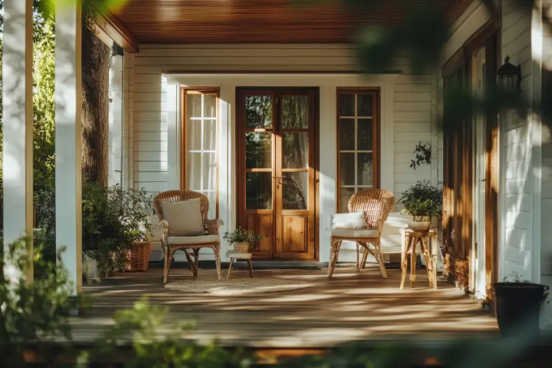 Home Doors & Windows Two wicker chairs are placed on a porch, surrounded by greenery and warm sunlight, inviting relaxation.