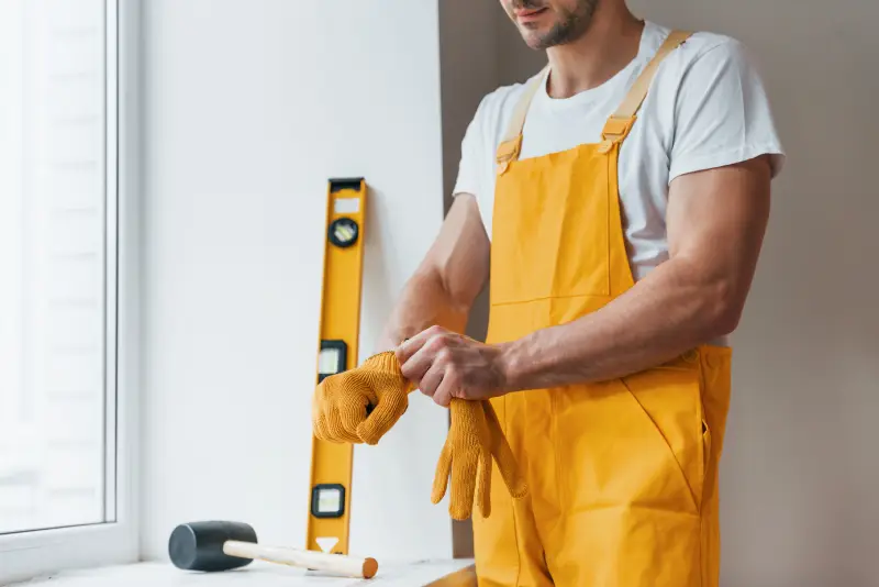 Honey-Do Lists Home Handyman in yellow uniform preparing for work indoors. House renovation conception